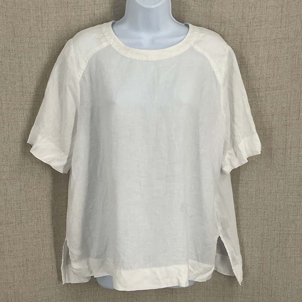 M&S Linen Blouse Womens 12 White 100%‎ Flax Short Sleeve Minimalist